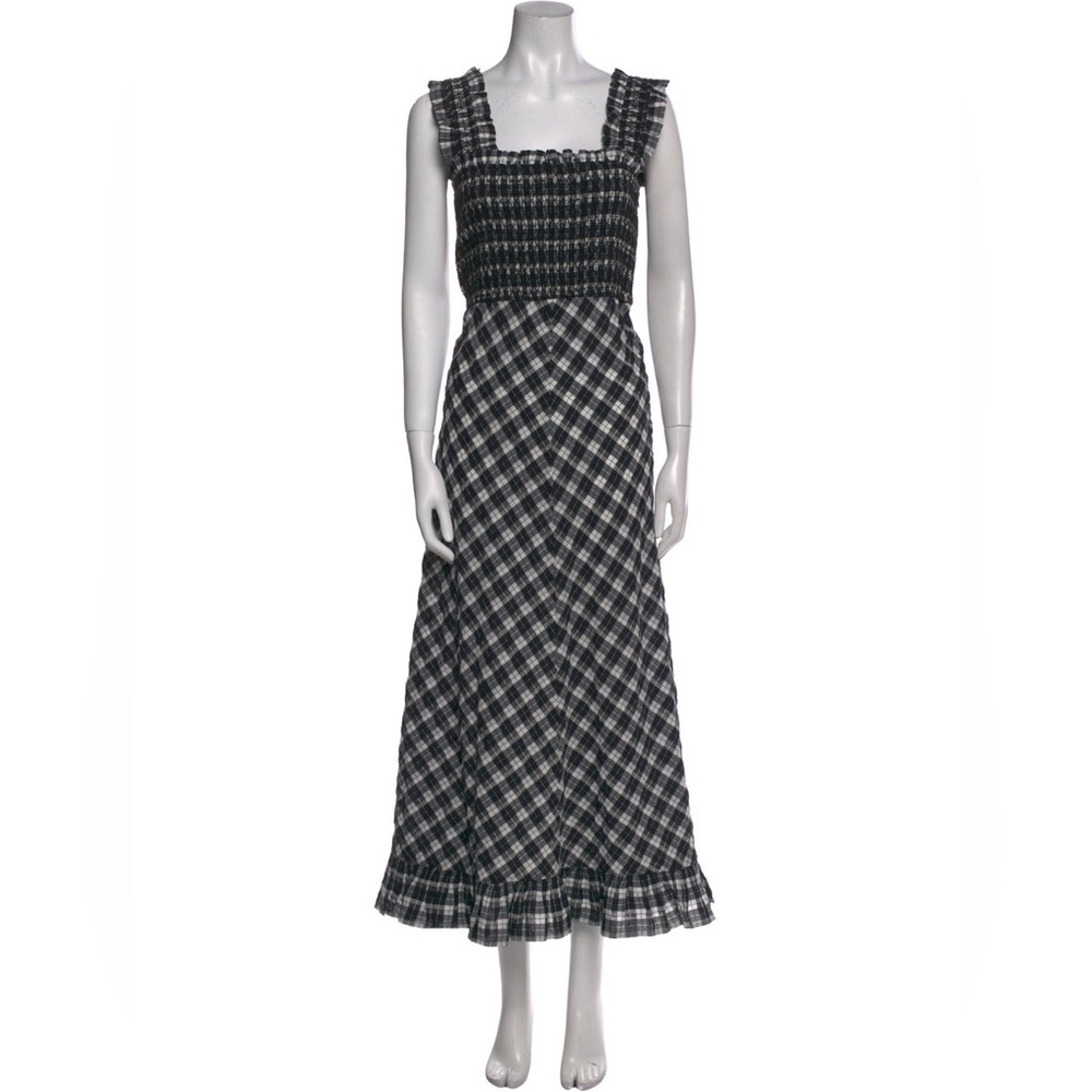 Ganni Black and White Plaid Smocked Maxi Dress size 8